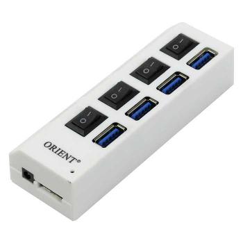 Купить USB-концентратор ORIENT BC-307PS, USB 3.0 HUB 4 Ports, c БП-зарядником 2xUSB (5В, 2.1А), выключатели в Москве