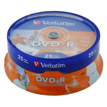 Купить DVD-R Verbatim 4.7ГБ, 16x, 25шт., Cake Box, InkJet Printable (43538) записываемый DVD диск в Москве