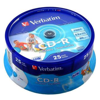 Купить CD-R Verbatim 700 мб, 80 мин, 52х, 25шт., Cake Box, Printable, диск (VER-43439) в Москве